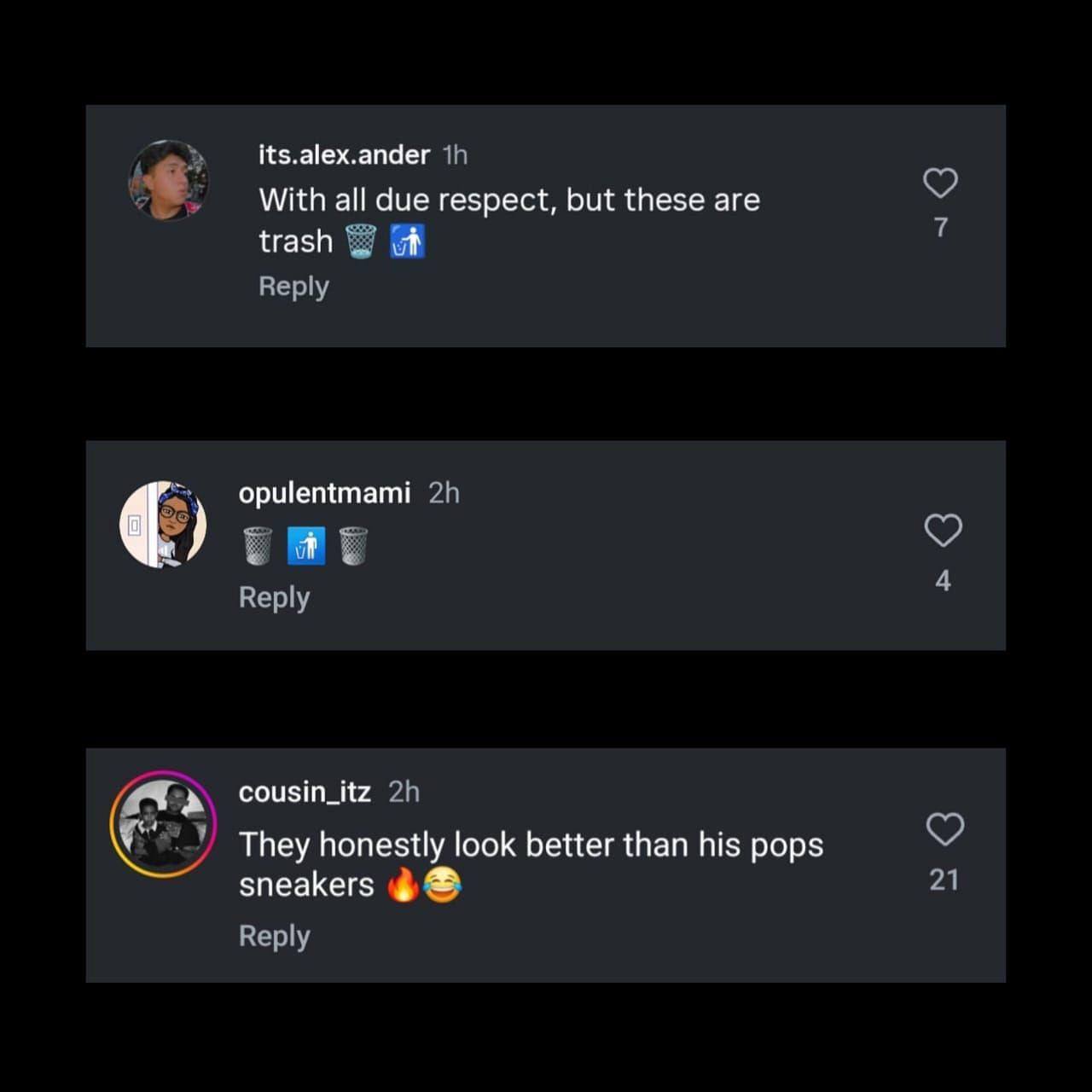 Comments underneath @sneakernews' IG post